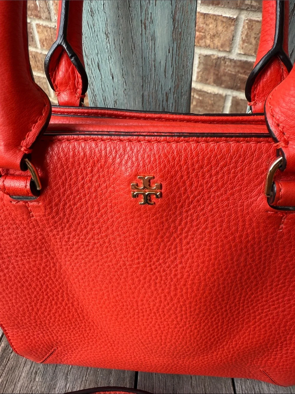 Tory Burch Coral-Red Pebbled Leather Mini Satchel with Detachable Strap